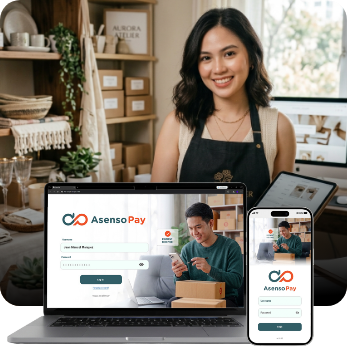 A small business owner with AsensoPay open on a laptop and a phone